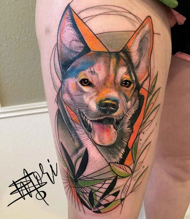 Illustrative Dog, Leaves tattoo on Thigh