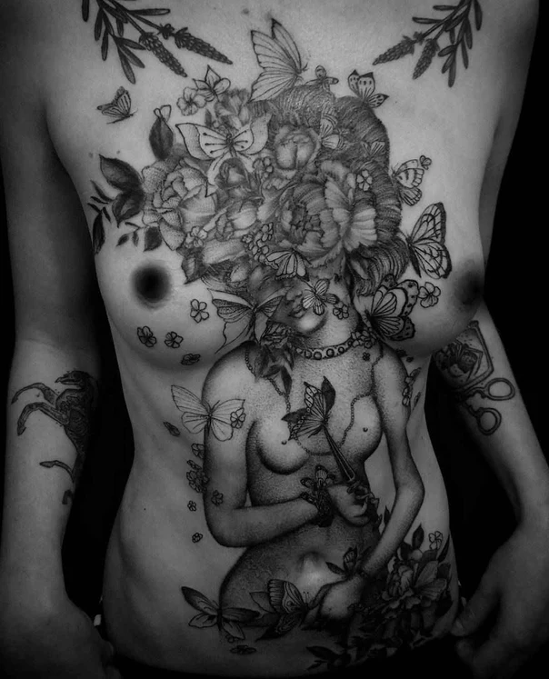 Realism Woman, Butterflies tattoo on Chest