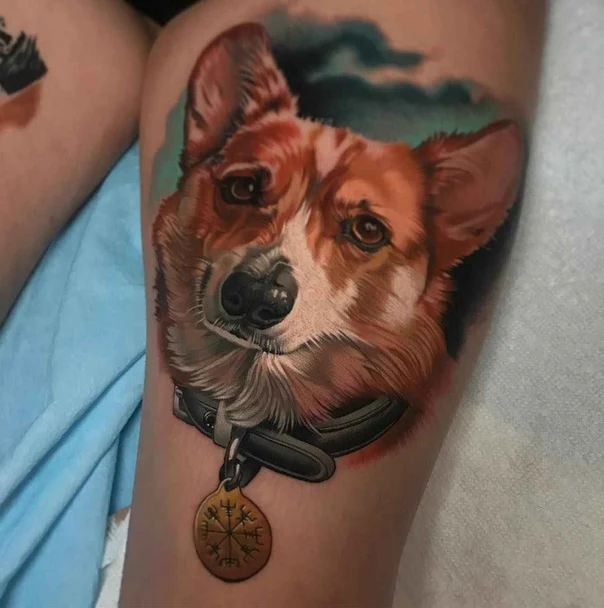 Realism Dog, Ornamental tattoo on Thigh