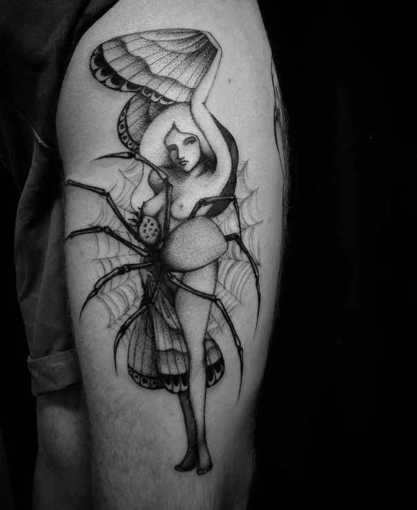 Blackwork Spider, Woman tattoo on Thigh