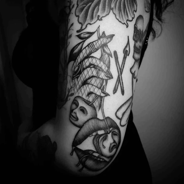 Blackwork Faces, Lips tattoo on Outer arm