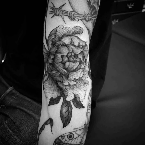 Black & Grey Flower, Butterfly tattoo on Forearm