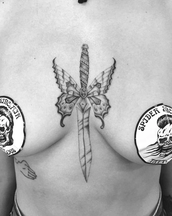 Blackwork Butterfly, Dagger tattoo on Sternum