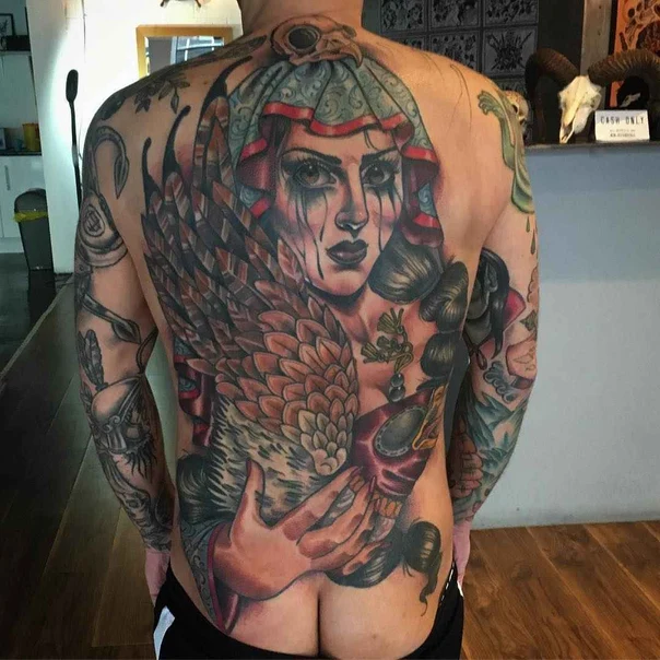 Realism Woman, Skull tattoo on Full Back