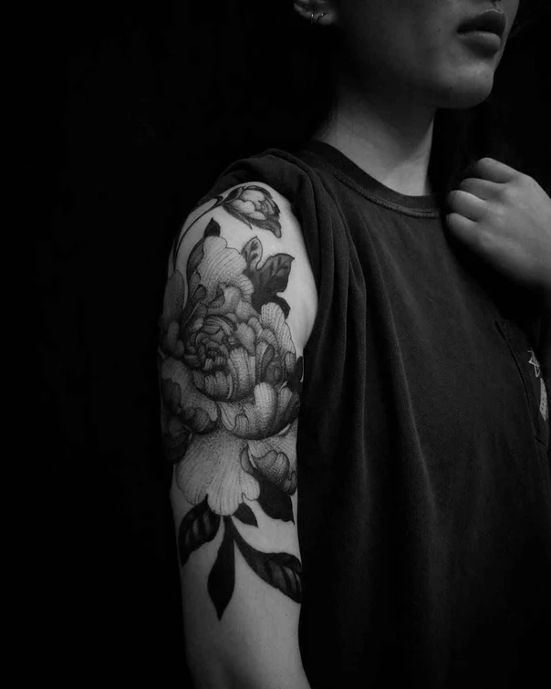Black & Grey Flower, Leaves tattoo on Upper Arm