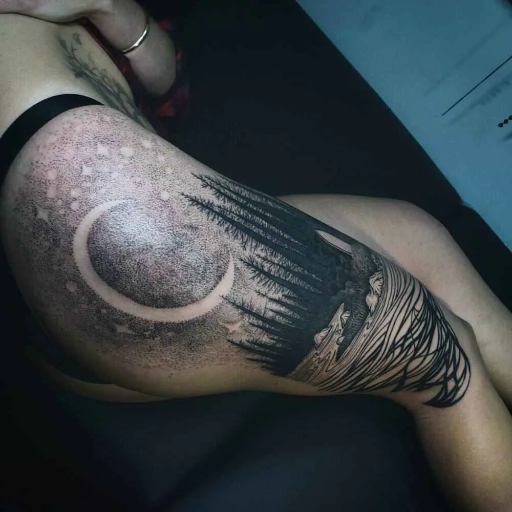 Tattoo artist Noel'le Longhaul (Loone) authors blackwork tattoo, witch, horror, etching, engraving | USA
