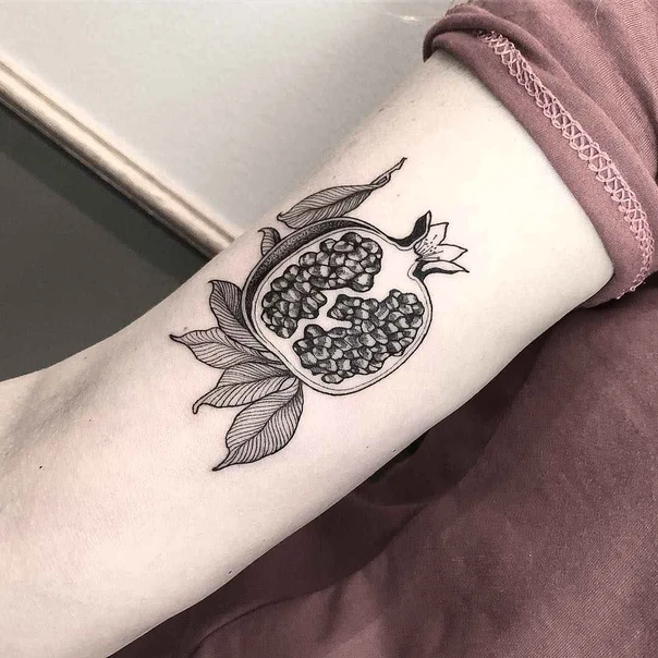 Linework Pomegranate, Leaves tattoo on Forearm