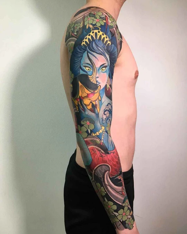 Японская Geisha, Flowers tattoo на Полный рукав