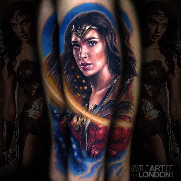 Realism Wonder woman, Portrait tattoo on Forearm