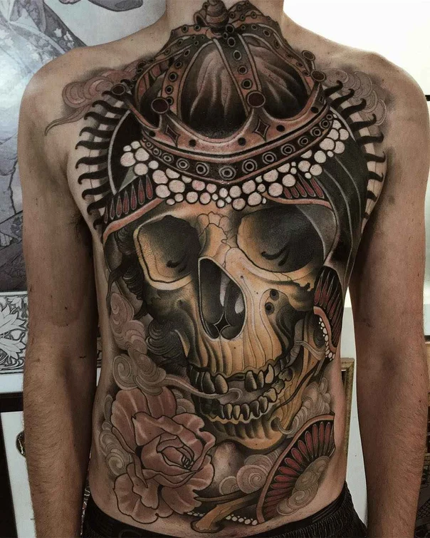 Neo Traditional Skull, Crown tattoo on Chest