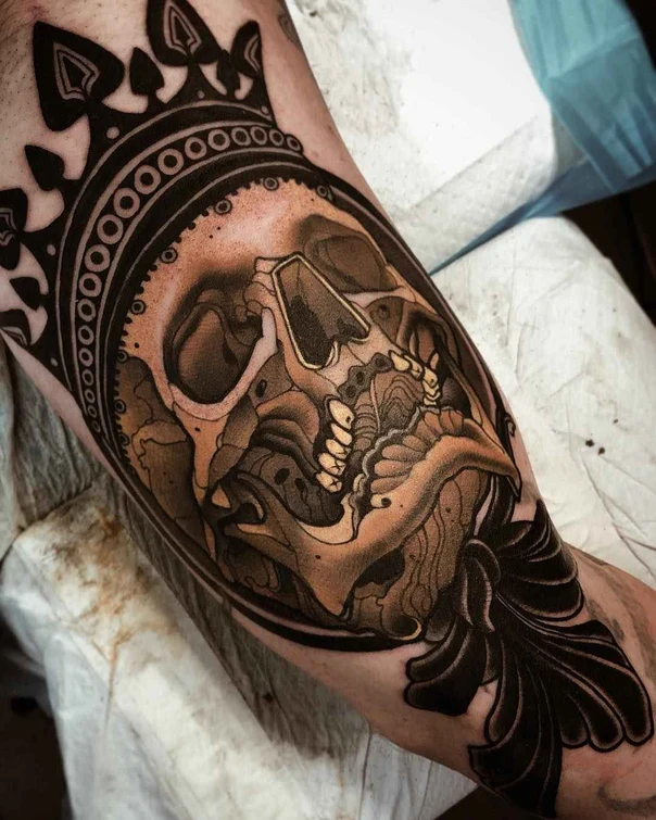 Black & Grey Skull, Crown tattoo on Forearm