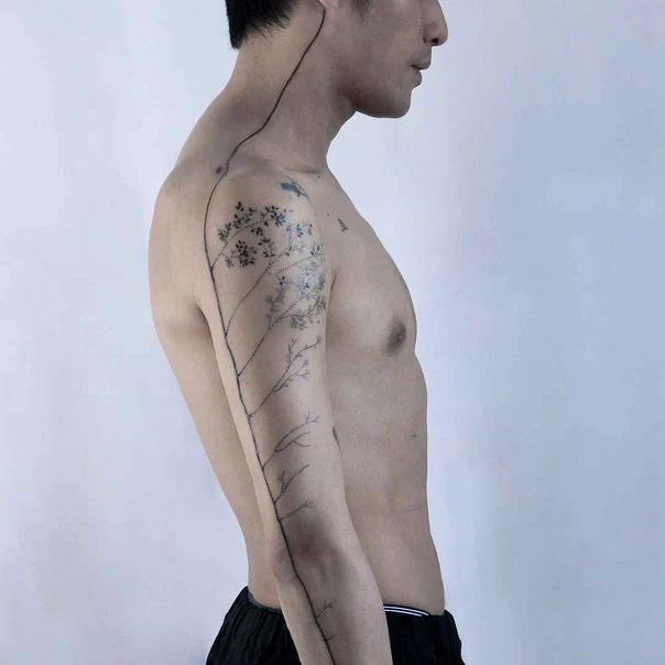 Fineline Botanical, Branch tattoo on Full Sleeve