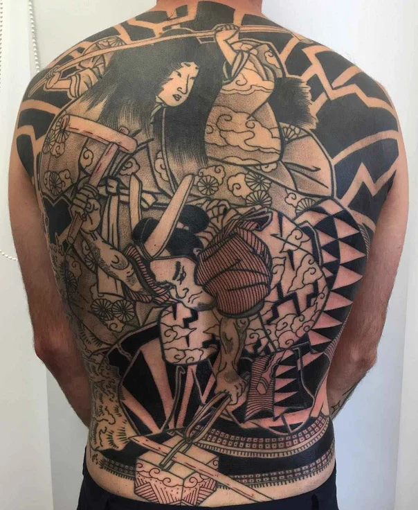 Japanese Samurai, Geisha tattoo on Full Back