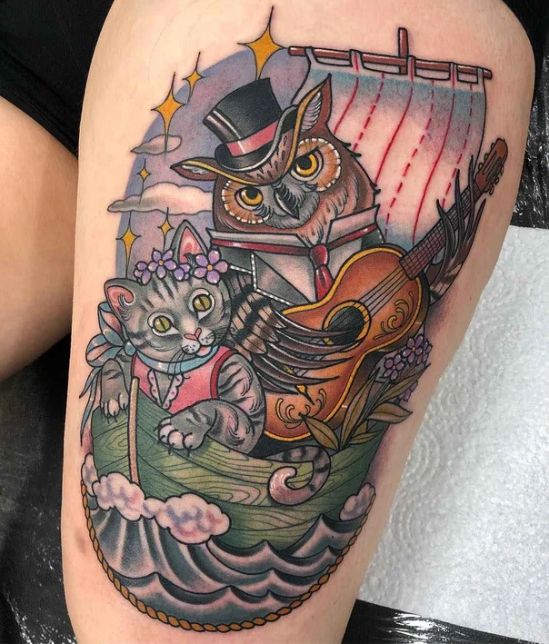 Neo Traditional Owl, Cat tattoo on Thigh