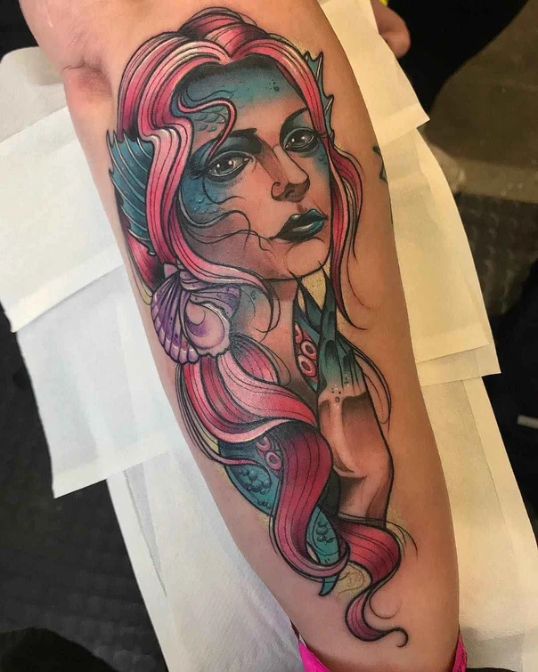 Illustrative Mermaid, Portrait tattoo on Forearm