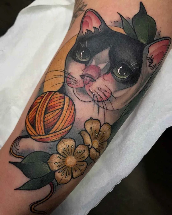 Neo Traditional Cat, Yarn tattoo on Forearm