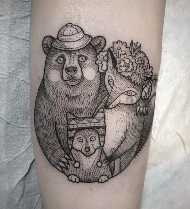 Illustrative Bear, Fox tattoo on Forearm