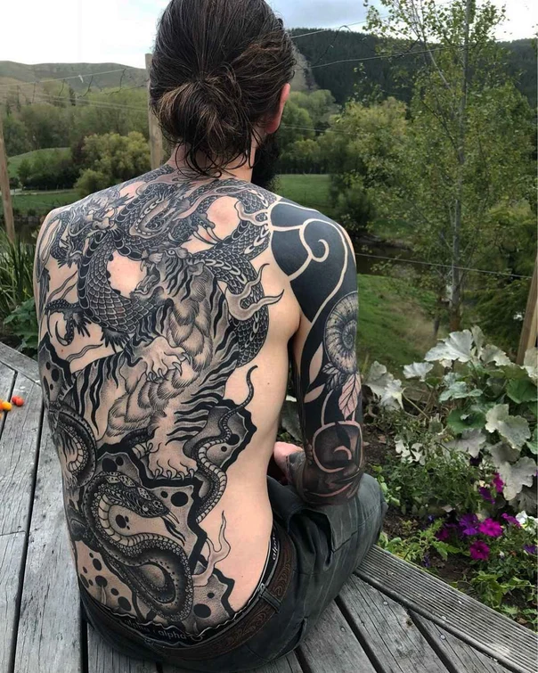 Japanese Dragon, Tiger tattoo on Full Back