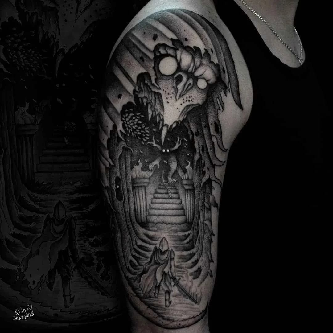 Tattoo artist Klim Shakhnin, authors black&grey horror surrealistic tattoo | Russia