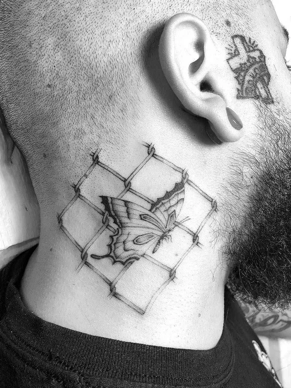 male black and grey sketch Tatuagem em neck #20086 | Tatuador Stefan Spider Sinclair