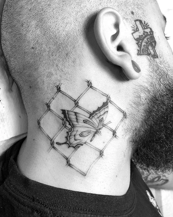 Sketch Butterfly, Fence tattoo on Neck