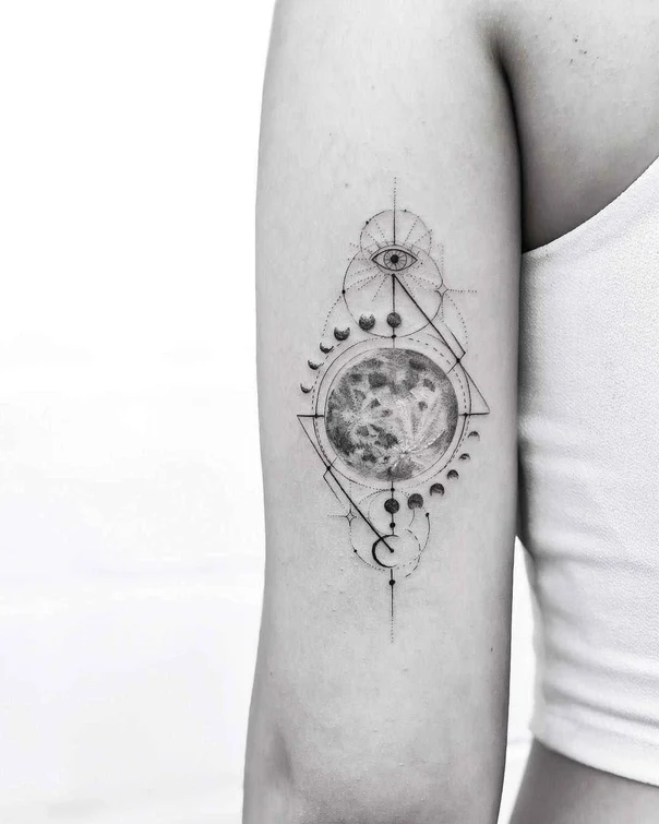 Geometric Moon, Eye tattoo on Upper Arm