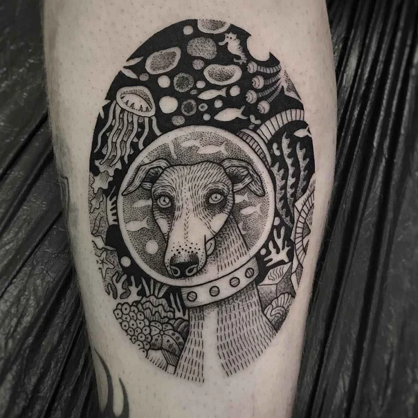 Blackwork Dog, Underwater tattoo on Calf