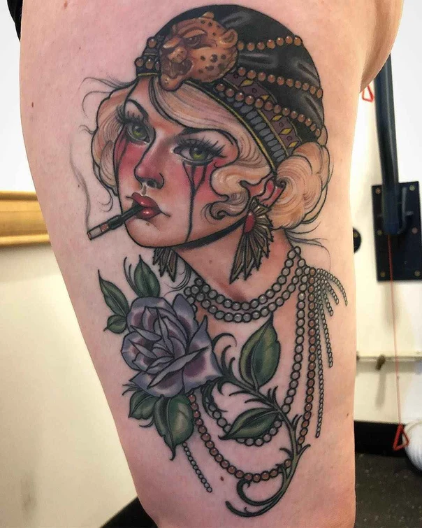 Neo Traditional Woman, Rose tattoo on Thigh