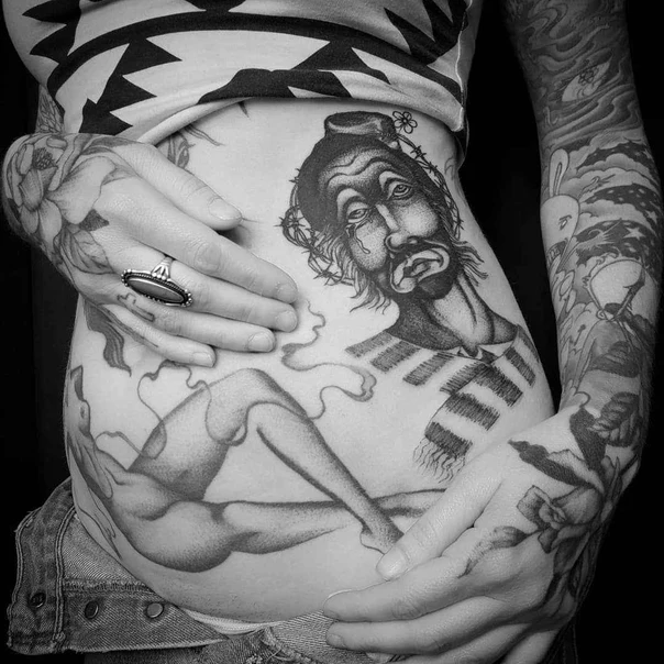 Blackwork Portrait, Figure tattoo on Stomach