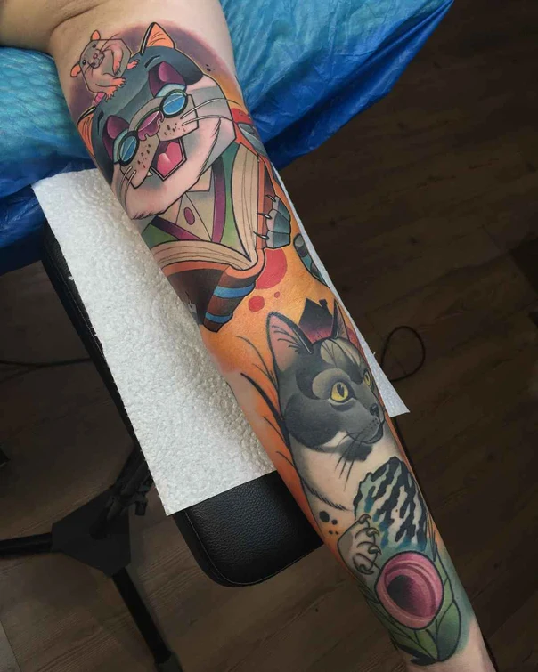 New School Cat, Animal tattoo on Full Sleeve