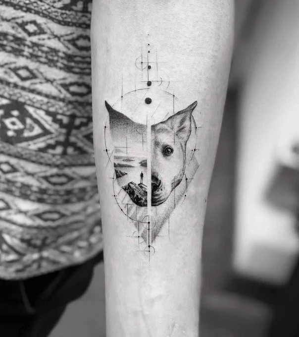 Geometric Dog, Landscape tattoo on Forearm