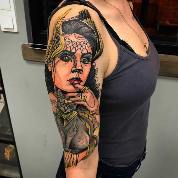 Neo Traditional Woman, Cat tattoo on Full Sleeve