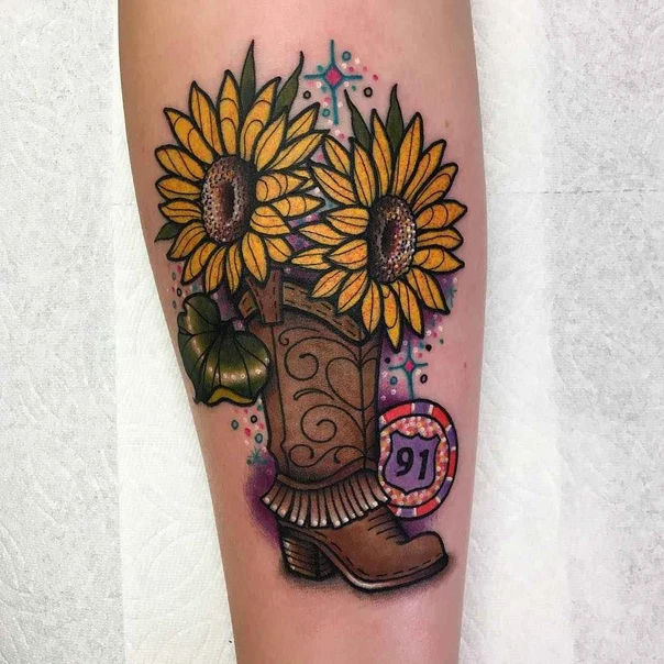 New School Sunflower, Boot tattoo on Forearm