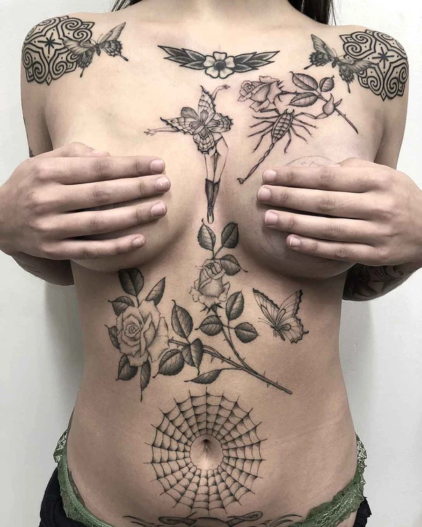Blackwork Butterfly, Rose tattoo on Chest
