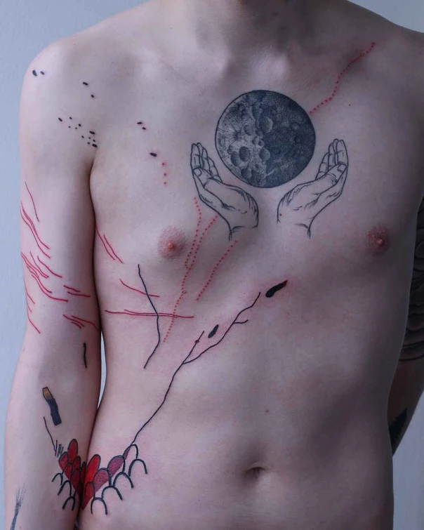 Linework Moon, Hands tattoo on Chest