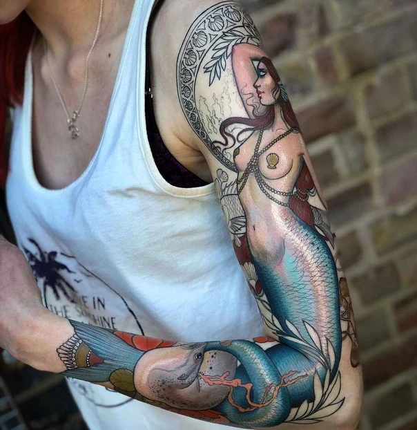 Illustrative Mermaid, Sea creature tattoo on Full Sleeve