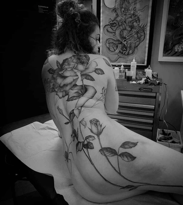 Black & Grey Rose, Floral tattoo on Full Back