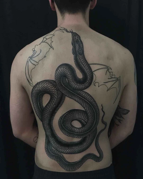Blackwork Snake, Bat tattoo on Full Back