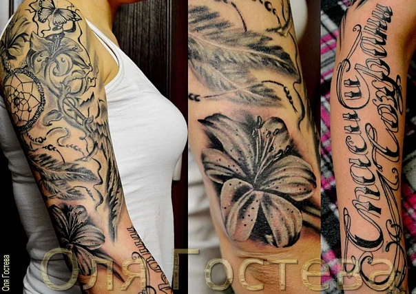 Чёрно-серая Dreamcatcher, Butterfly tattoo на Полный рукав