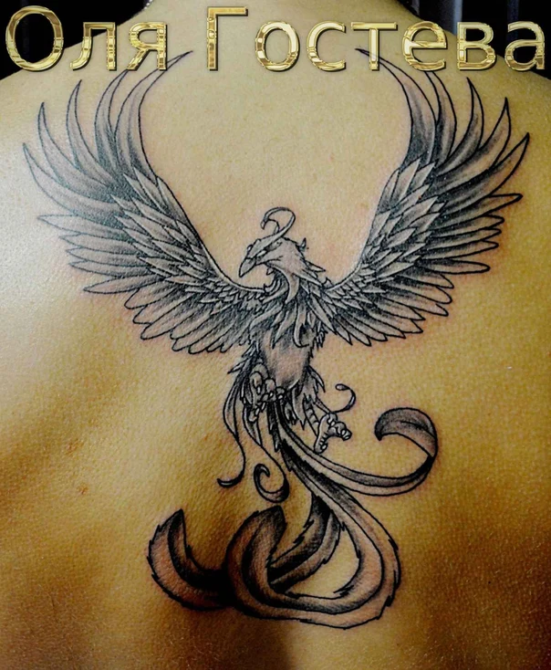 Чёрно-серая Phoenix, Wings tattoo на Верхняя часть спины