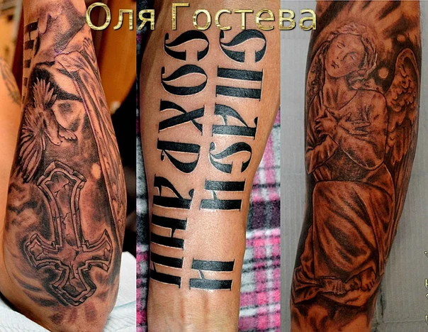 Чёрно-серая Cross, Angel tattoo на Предплечье