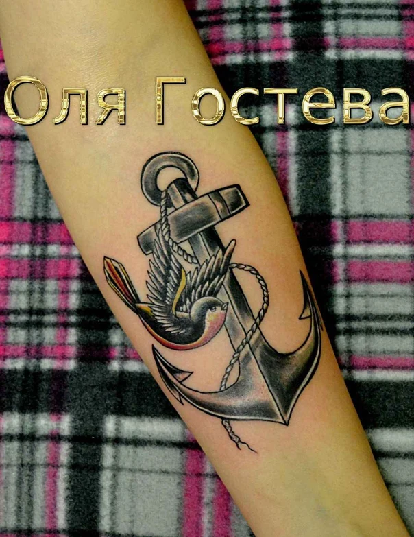 Нео-традиционная Anchor, Bird tattoo на Предплечье