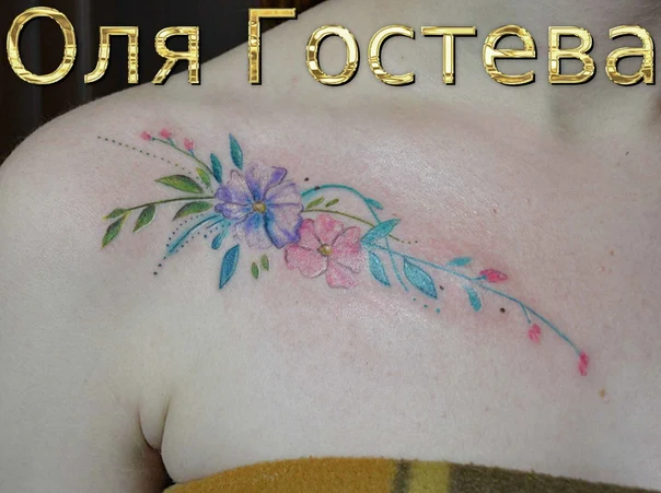 Ботаническая Flowers, Leaves tattoo на Collarbone