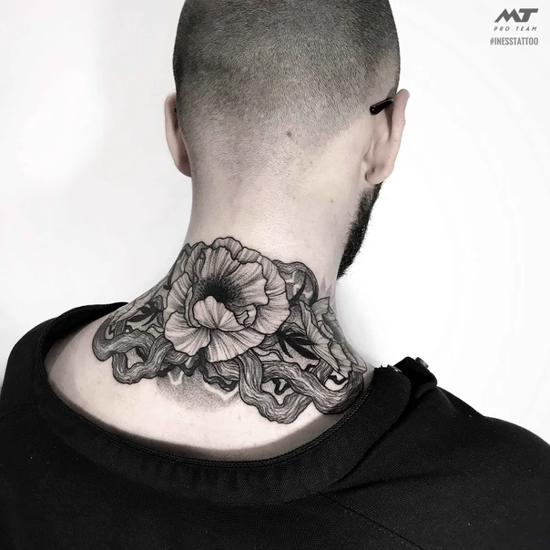 Блэкворк Flower, Leaves tattoo на Back of neck