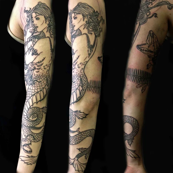 Лайнворк Mermaid, Dragon tattoo на Полный рукав