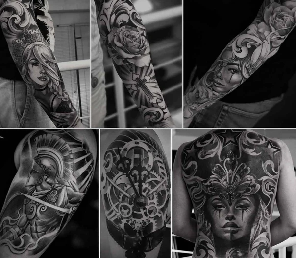 Чёрно-серая Portrait, Rose tattoo на Полный рукав