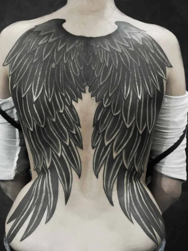 female black and grey blackwork 纹身 在 full back #20278 | 纹身师 Петренко Олег
