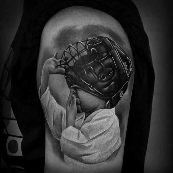 Realism Child, Baseball tattoo on Shoulder