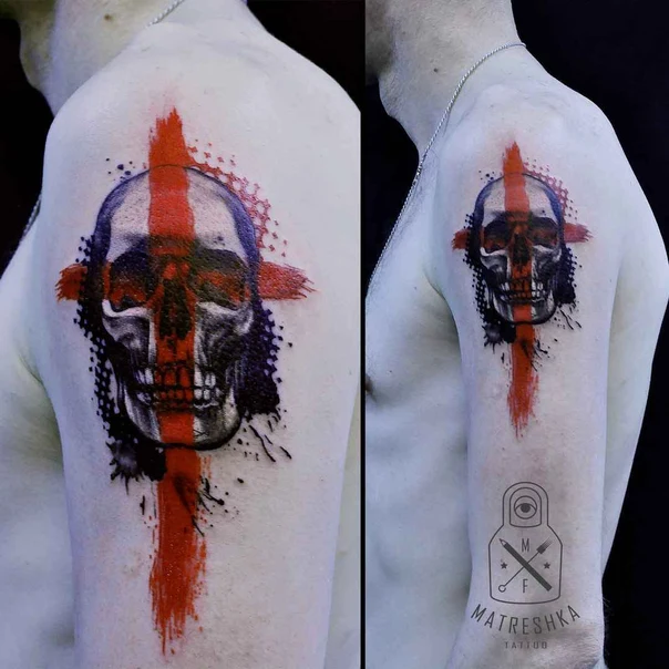 Trash Polka Skull, Cross tattoo on Shoulder