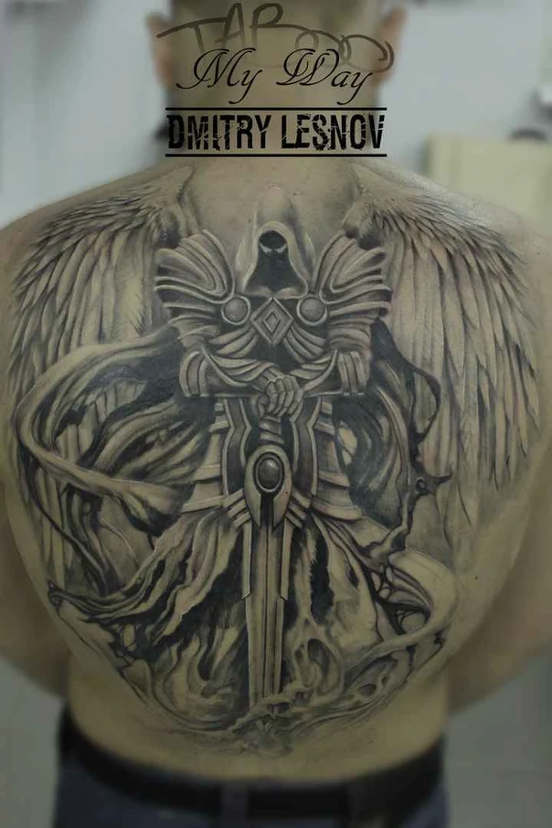 Чёрно-серая Angel, Wings tattoo на Спина (полная)
